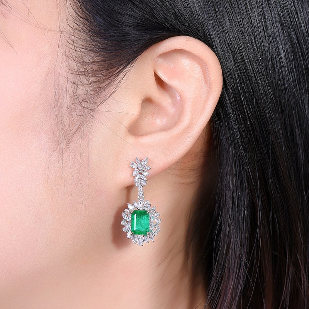 14k Gold 7.16 Ctw Vivid Green Natural Emerald & Sapphire Earrings - 6