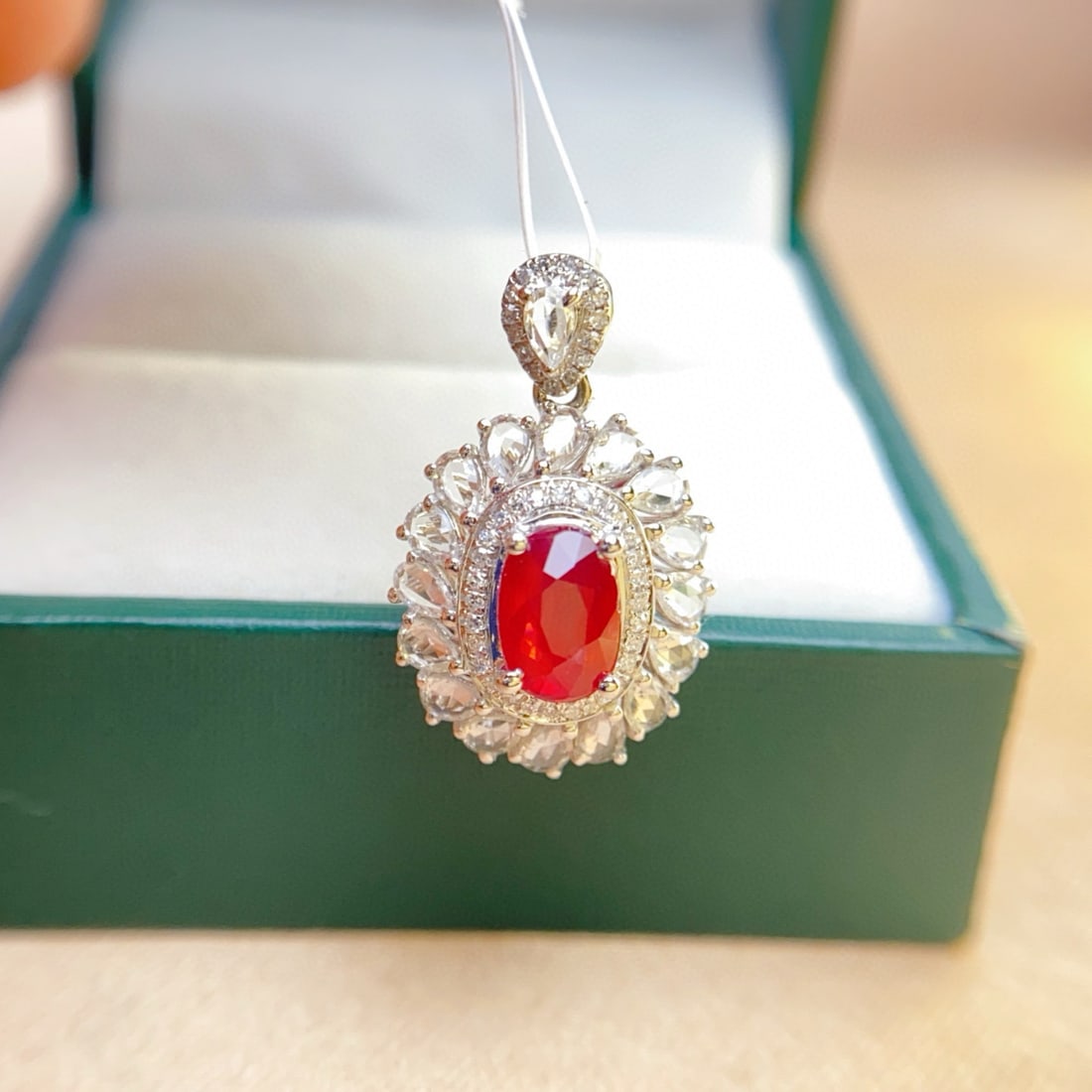 14k Gold 1.10 Ct Natural Ruby & Sapphire & Diamond Pendant( Without Chain ): Ref:231090070 // gold content:14k gold // main gemstone:ruby // shape:oval // carat weight:1. 10ct // color:red // treatment:natural // // adjacent gemstone 2 : sapphire // number of stones:17 //