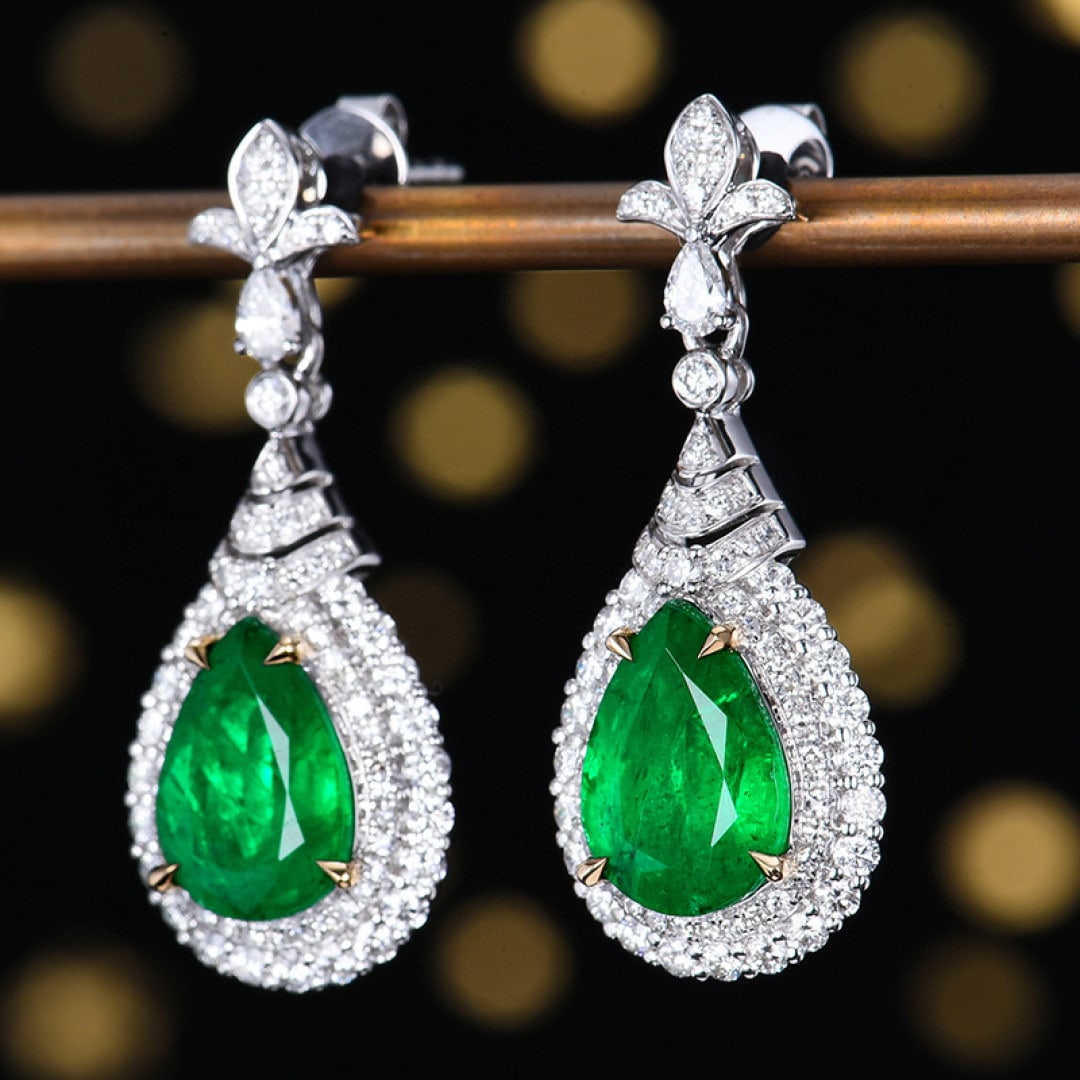 14k Gold 4.72 Ctw Vivid Green Natural Emerald & Diamond Earrings - 2