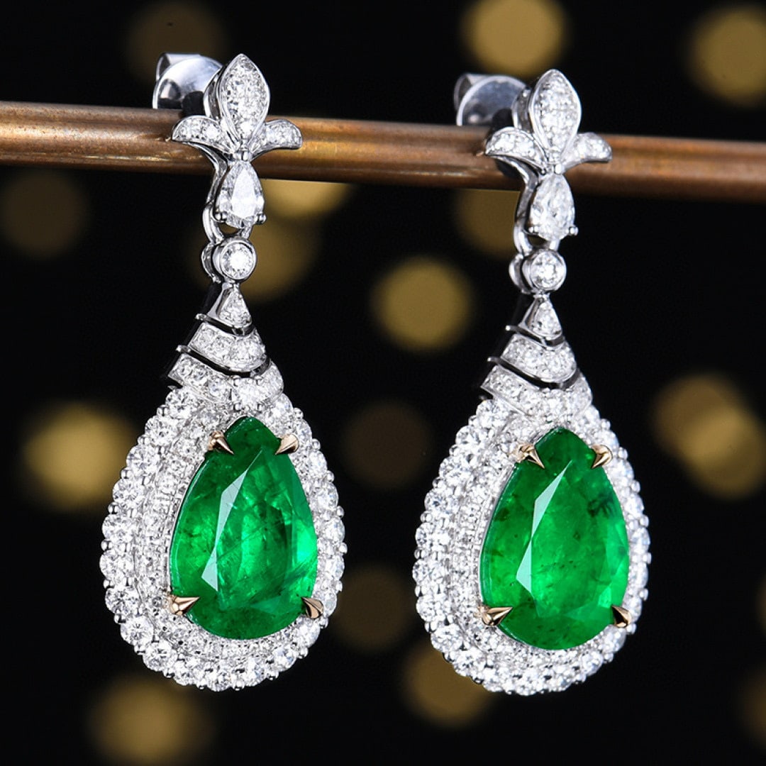 14k Gold 4.72 Ctw Vivid Green Natural Emerald & Diamond Earrings - 3