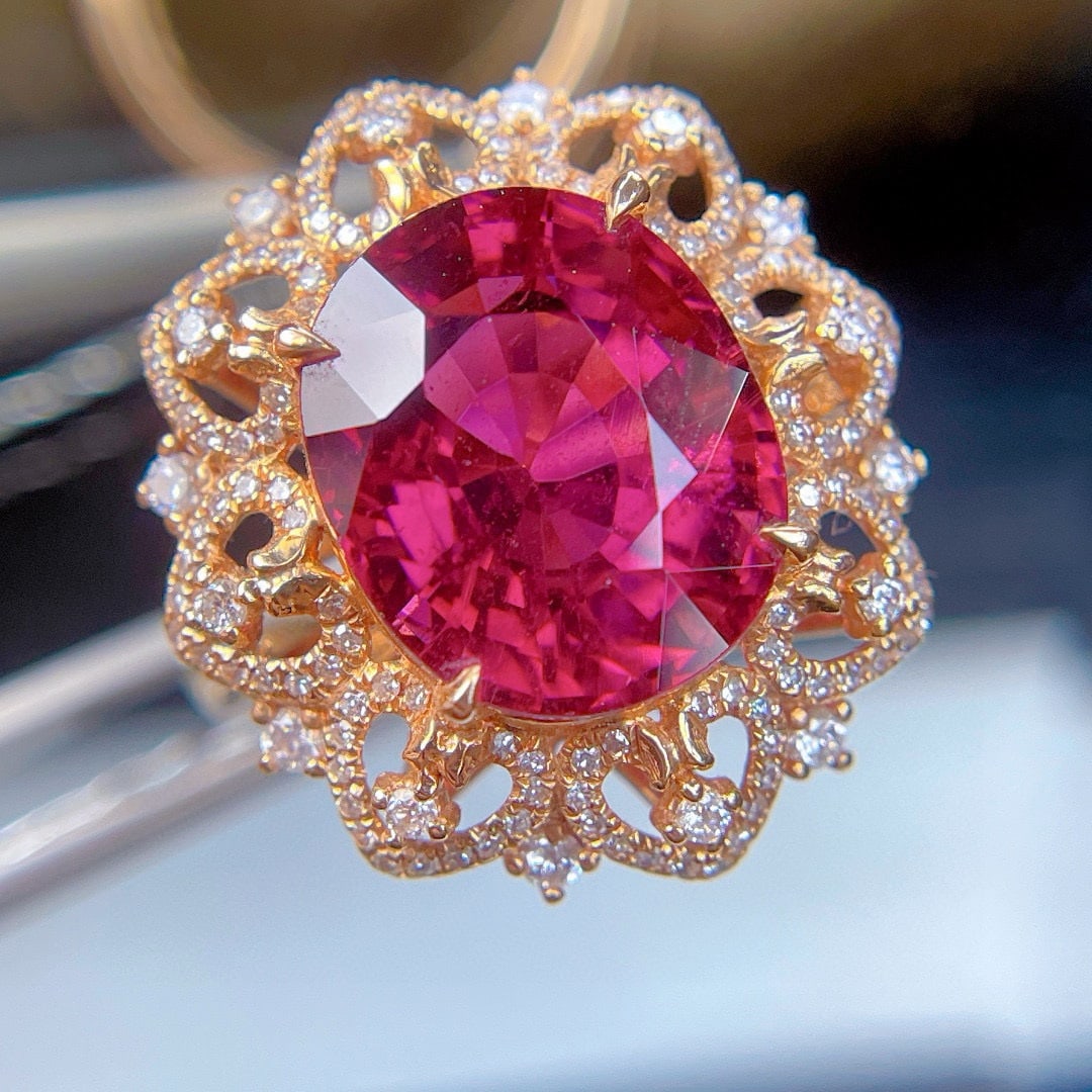 14k Gold 9.05 Ct Natural Tourmaline & Diamond Ring - 2