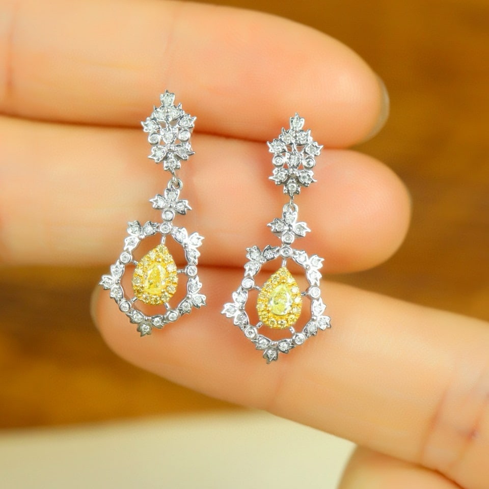 14k Gold 0.66 Ctw Natural Yellow Diamond & Diamond Earrings - 4