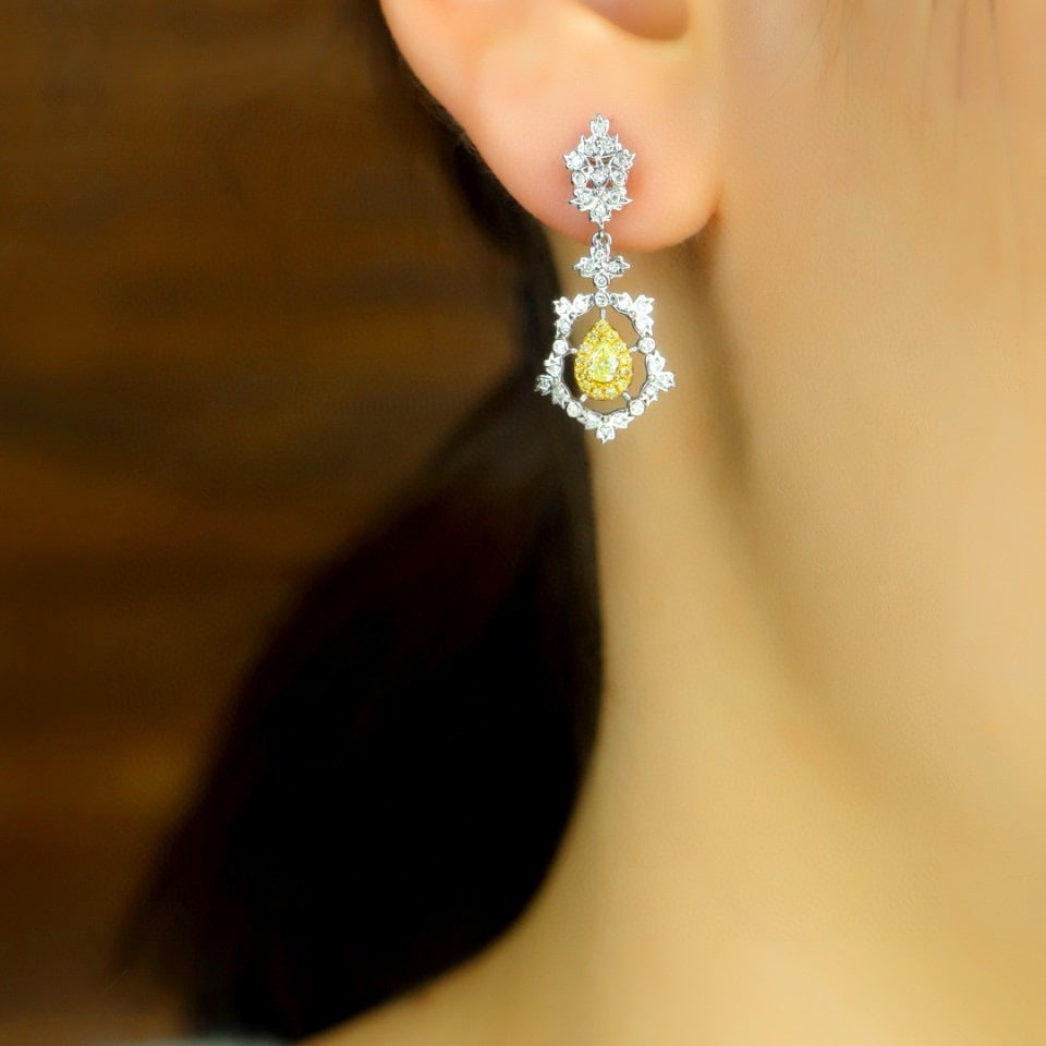 14k Gold 0.66 Ctw Natural Yellow Diamond & Diamond Earrings - 5