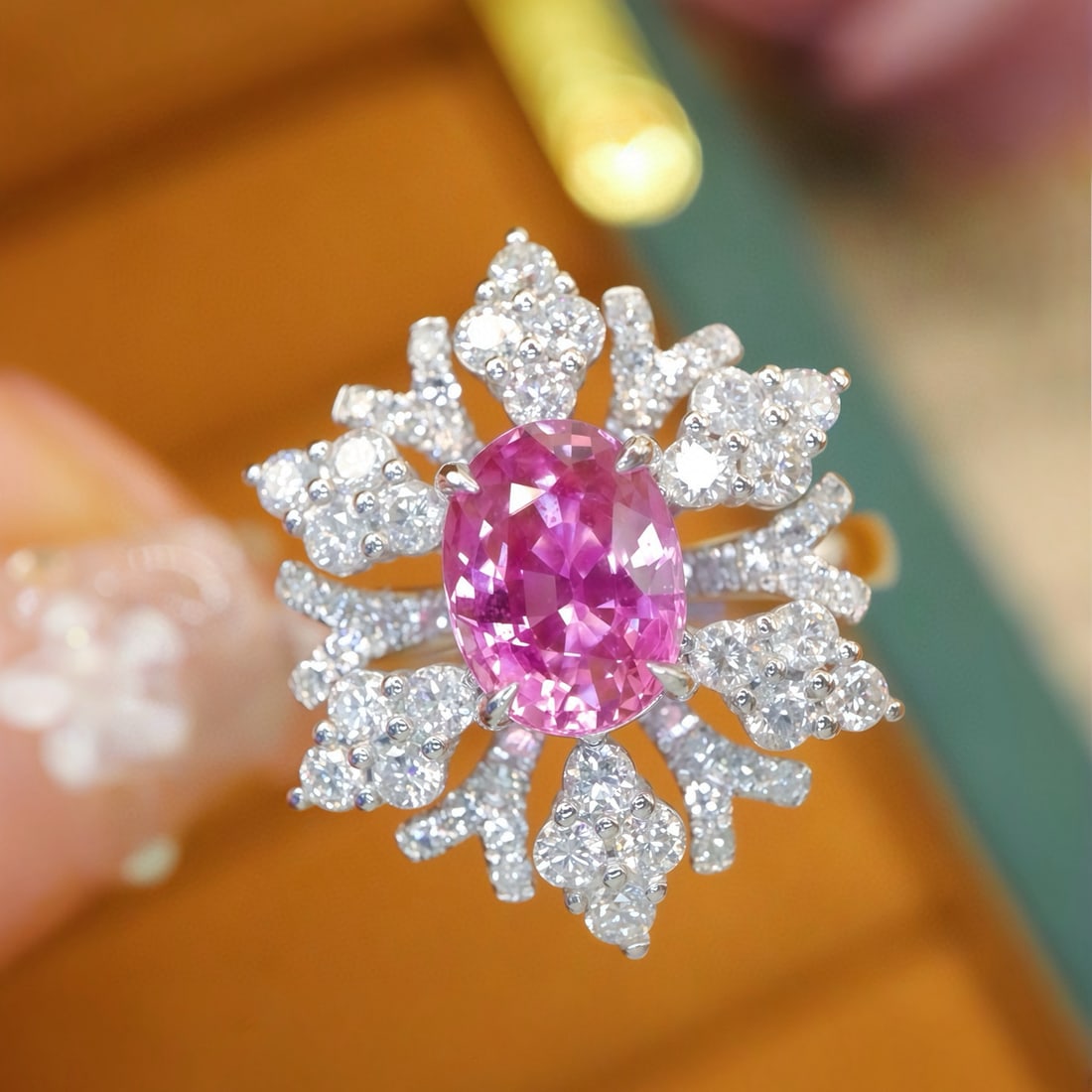 14k Gold 2.81 Ctw Natural Padparadscha Sapphire & Diamond Ring: Ref:231090099 // gold content:14k gold // ring size:7. 25us // // main gemstone:padparadscha sapphire // shape:oval // carat weight:1. 88ct // color:orangish pink // treatment:natural // //