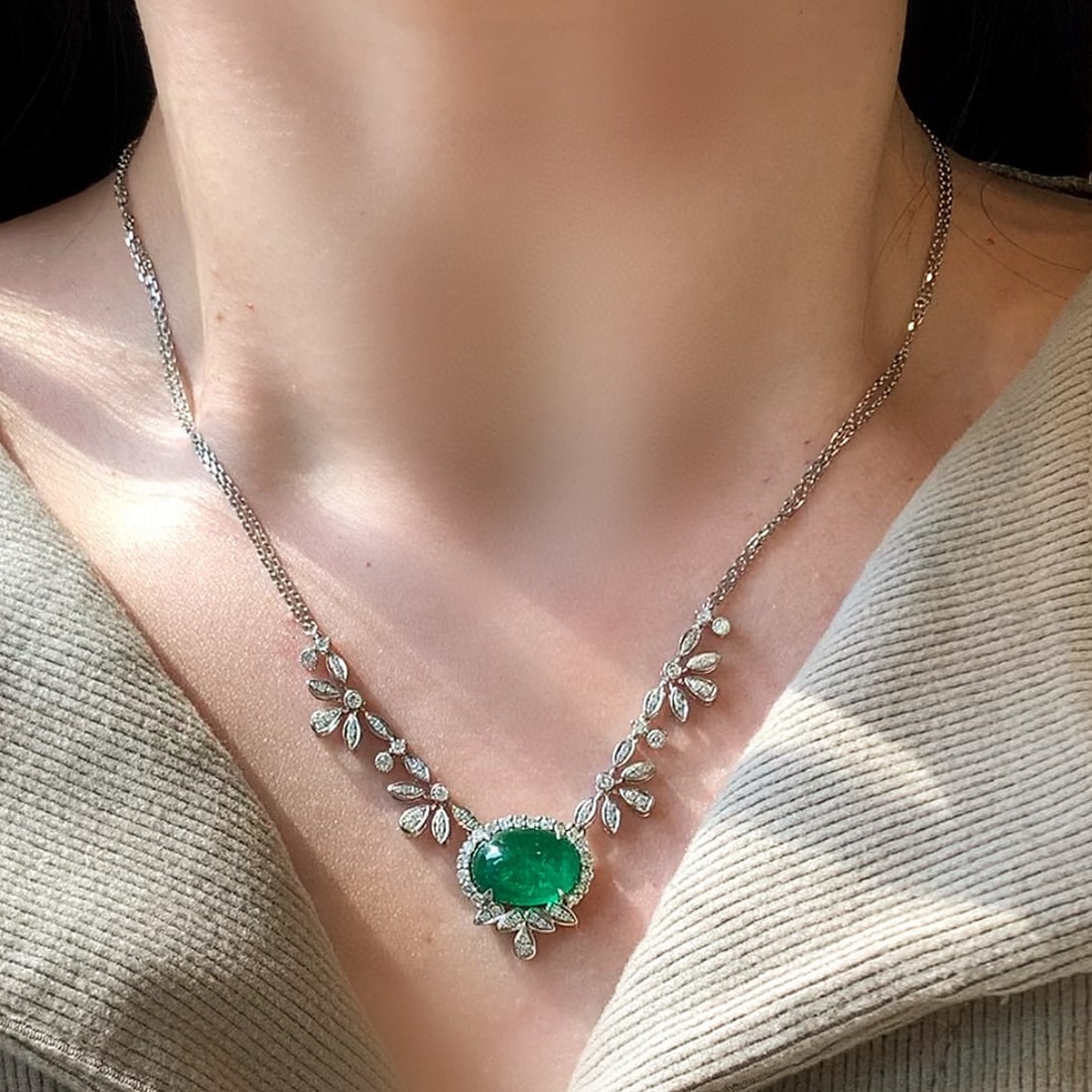 14k Gold 7.51 Ctw Vivid Green Natural Emerald & Diamond Necklace - 4