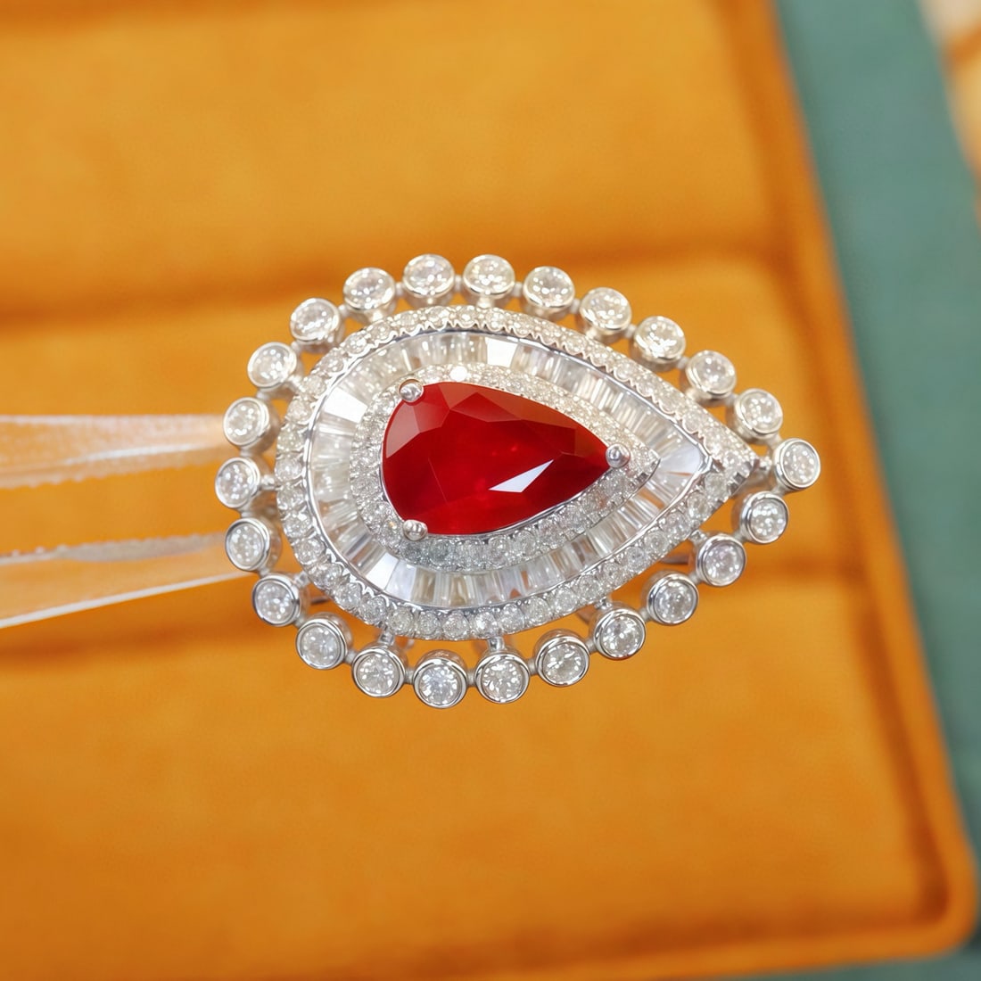 14k Gold 1.75 Ctw Natural Ruby & Diamond Brooch/pendant( Without Chain ): Ref:231090116 // gold content:14k gold // main gemstone:ruby // shape:pear // carat weight:1. 03ct // color:pigeonblood red // treatment:natural // // adjacent gemstone 2 : diamond // number of