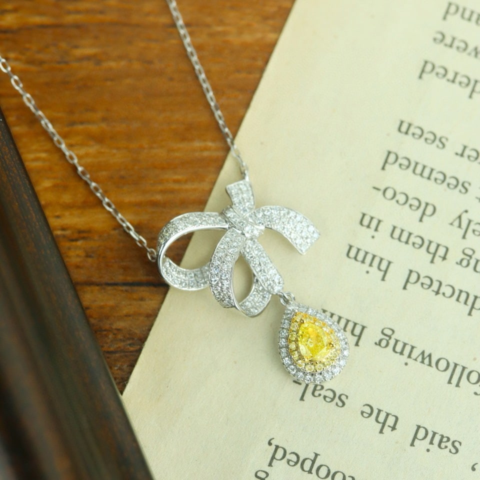 14k Gold 0.69 Ctw Natural Yellow Diamond & Diamond Necklace - 2