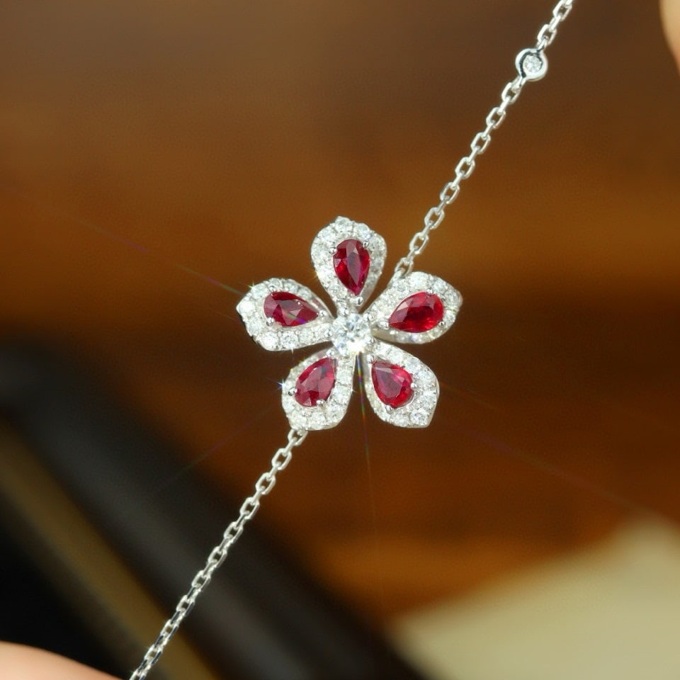 14k Gold 1.38 Ctw Natural Ruby & Diamond & Flowers Bracelet - 3