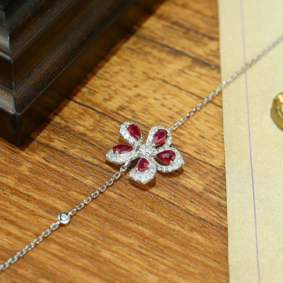 14k Gold 1.38 Ctw Natural Ruby & Diamond & Flowers Bracelet - 4