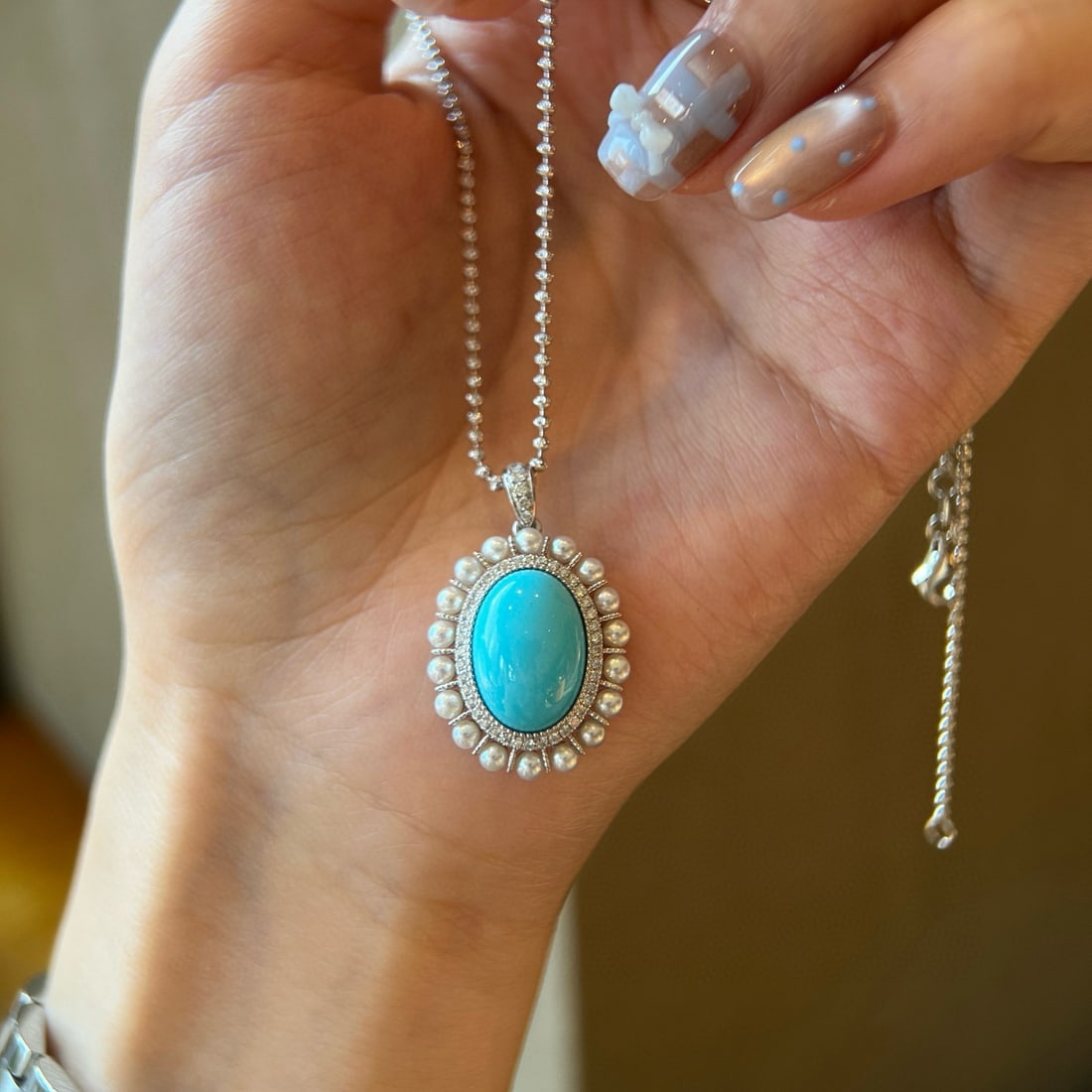 14k Gold 4.78 Ctw Natural Blue Turquoise & Diamond Pendant( Without Chain ) - 3