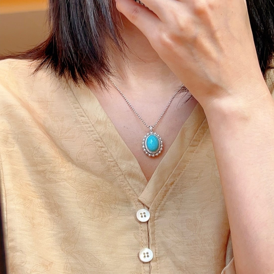 14k Gold 4.78 Ctw Natural Blue Turquoise & Diamond Pendant( Without Chain ) - 4