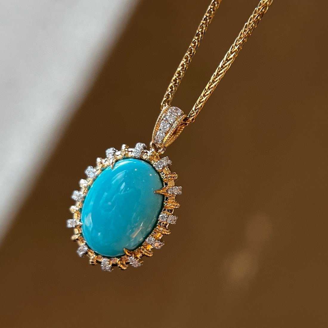 14k Gold 4.77 Ctw Natural Blue Turquoise & Diamond Pendant( Without Chain ) - 2