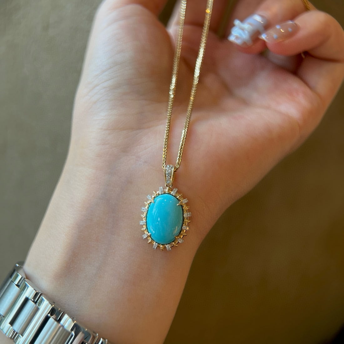 14k Gold 4.77 Ctw Natural Blue Turquoise & Diamond Pendant( Without Chain ) - 3