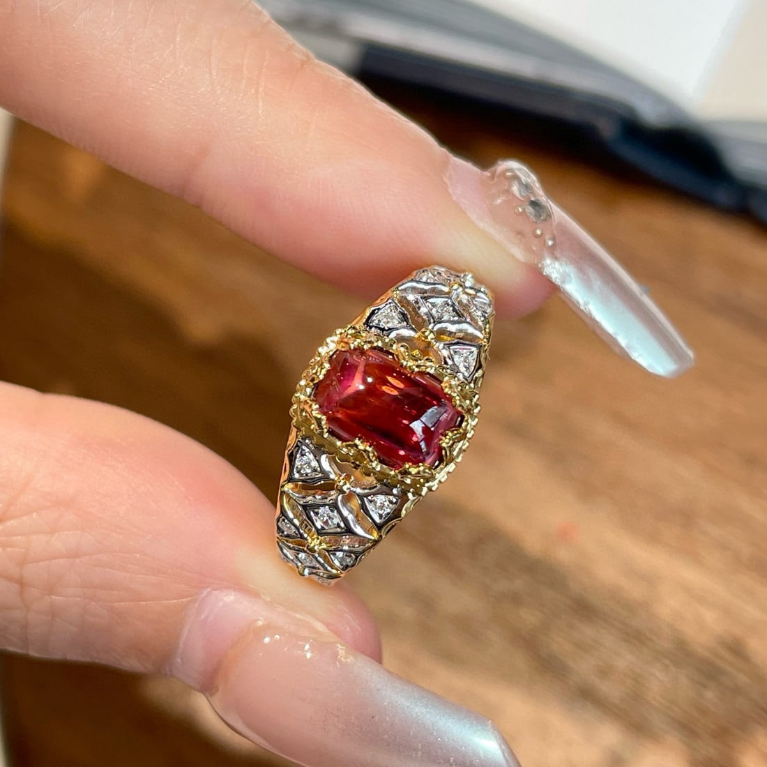 14k Gold 1.3 Ct Natural Tourmaline & Diamond Ring: Ref:231090150 // gold content:14k gold // ring size:7. 25us // // main gemstone:tourmaline // shape:cushion // carat weight:1. 3ct // color:red // treatment:natural // // adjacent gemstone 2 :