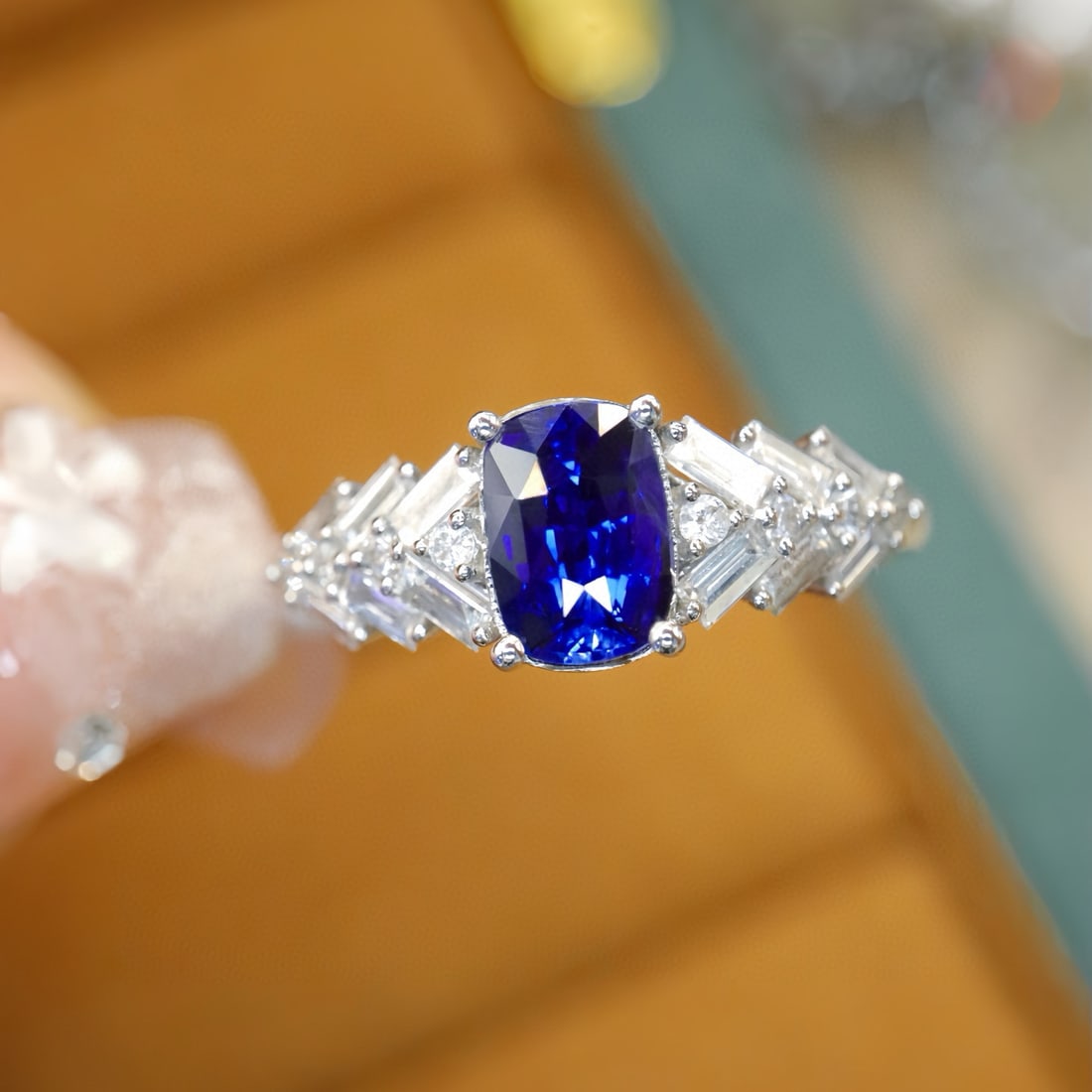 14k Gold 1.57 Ctw Natural Sapphire & Diamond Ring: Ref:231090165 // gold content:14k gold // ring size:7. 25us // // main gemstone:sapphire // shape:cushion // carat weight:1. 10ct // color:royal blue // treatment:natural // // adjacent gemstone 2
