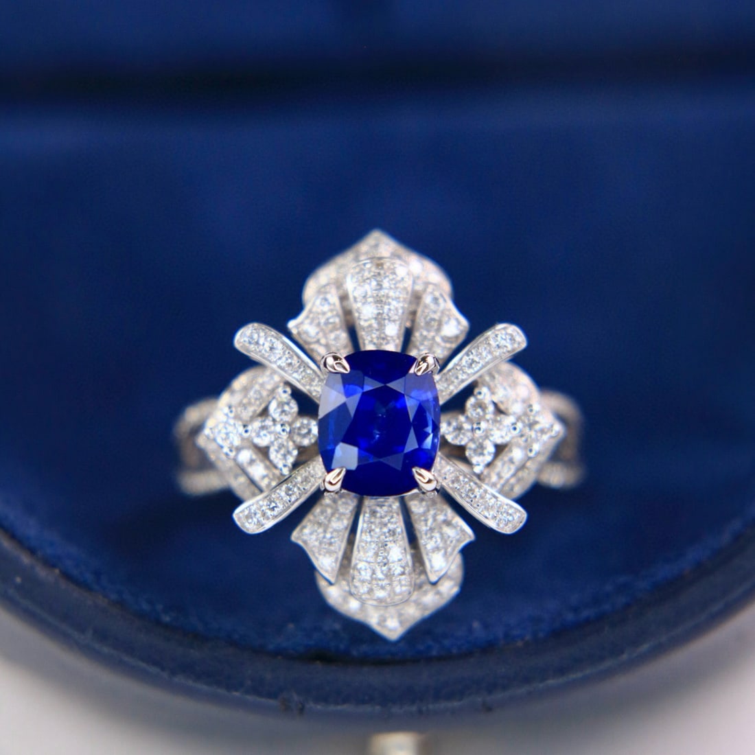 14k Gold 2.71 Ctw Natural Sapphire & Diamond Ring: Ref:231090172 // gold content:14k gold // ring size:7. 25us // // main gemstone:sapphire // shape:cushion // carat weight:2. 02ct // color:royal blue // treatment:natural // // adjacent gemstone 2