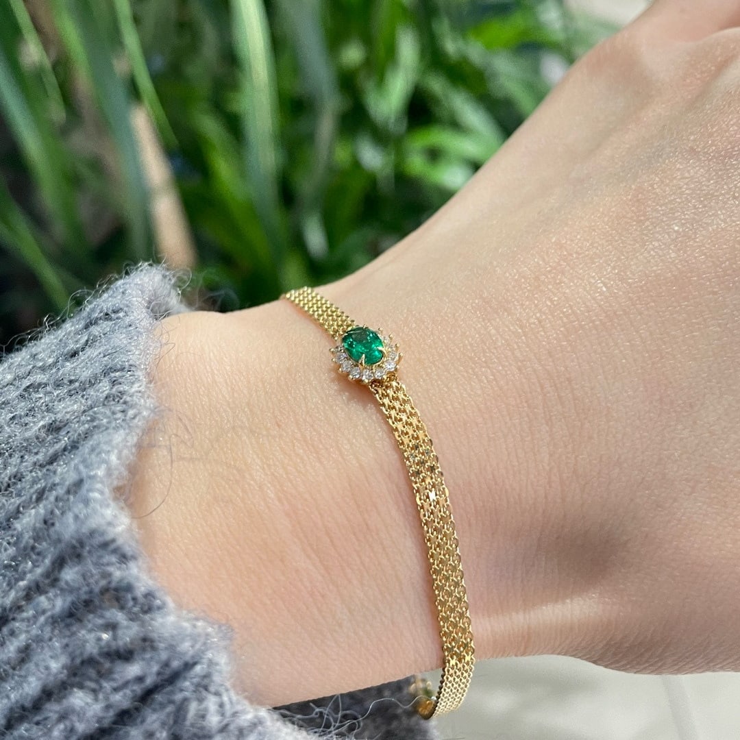 14k Gold 0.43 Ct Vivid Green Natural Emerald & Diamond Bracelet - 3