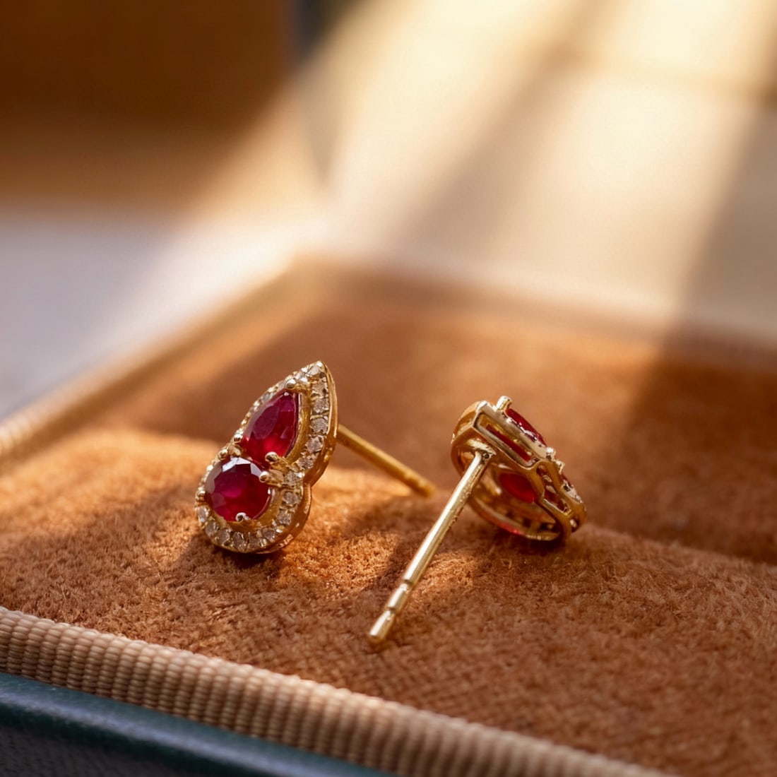 14k Gold 0.75 Ct Natural Ruby & Diamond Earrings - 4