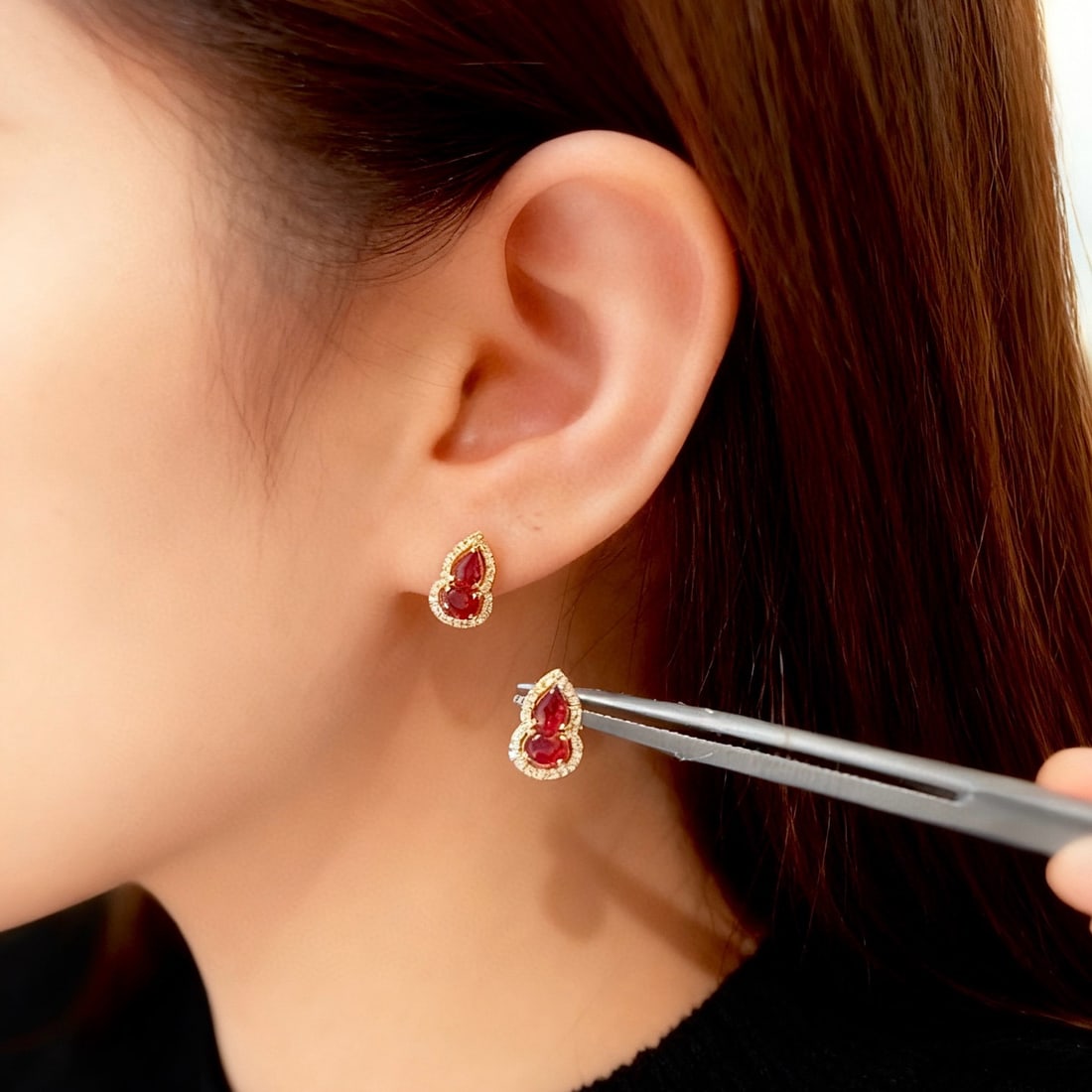 14k Gold 0.75 Ct Natural Ruby & Diamond Earrings - 5