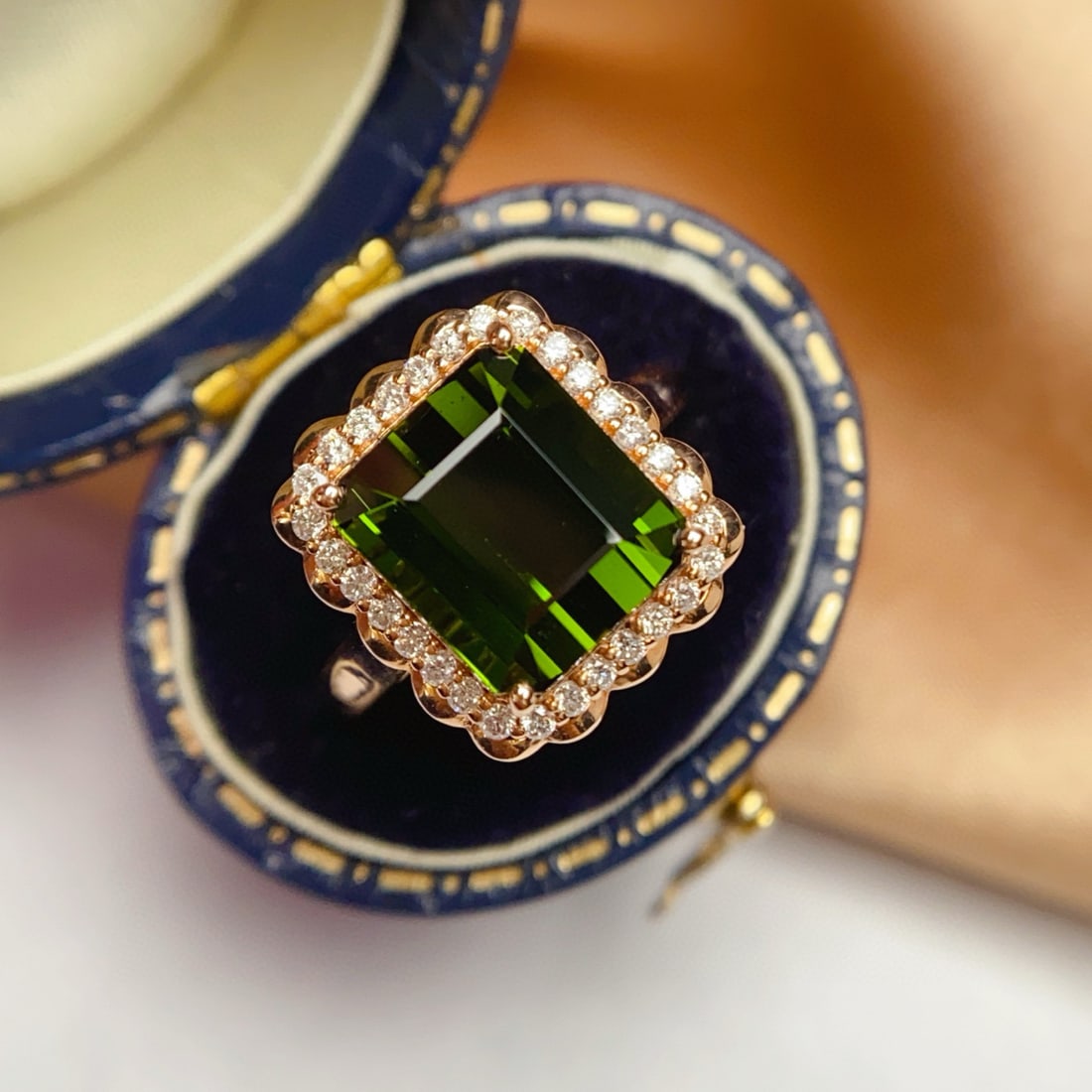 14k Gold 6.10 Ct Natural Tourmaline & Diamond Ring: Ref:231090215 // gold content:14k gold // ring size:7. 25us // // main gemstone:tourmaline // shape:octagonal // carat weight:6. 10ct // color:green // treatment:natural // // adjacent gemstone 2