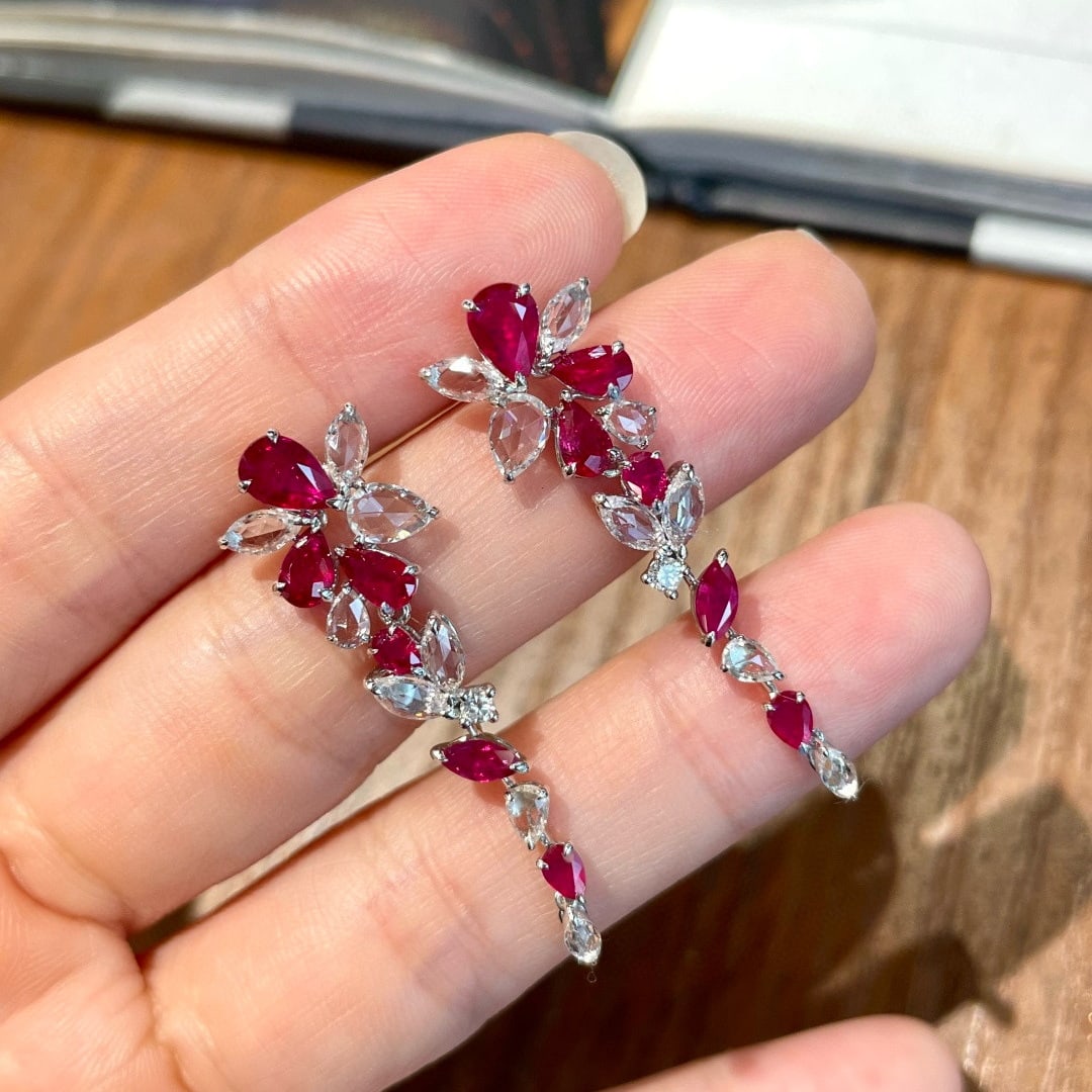 14k Gold 2.5 Ct Natural Ruby & Sapphire & Diamond Earrings - 6