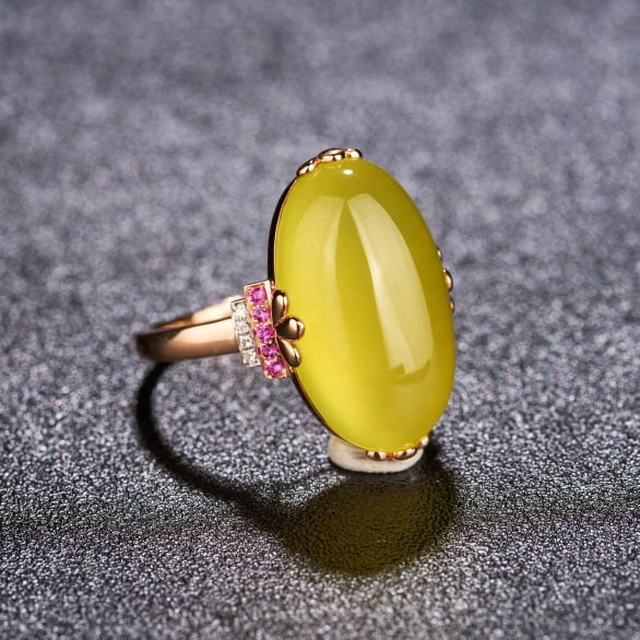 14k Gold 15.1 Ct Natural Prehnite & Diamond & Ruby Ring - 2