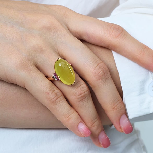 14k Gold 15.1 Ct Natural Prehnite & Diamond & Ruby Ring - 7