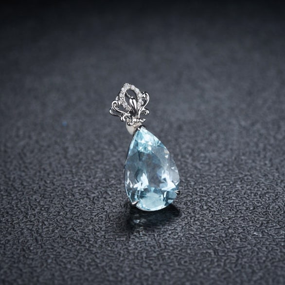 14k Gold 5.9 Ct Natural Aquamarine & Diamond Pendant( Without Chain ) - 2