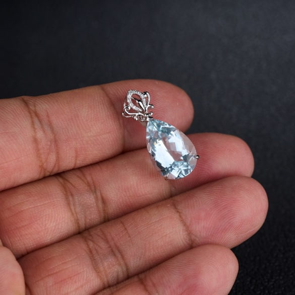 14k Gold 5.9 Ct Natural Aquamarine & Diamond Pendant( Without Chain ) - 7