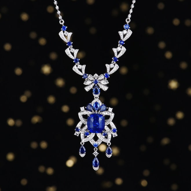 14k Gold 4.79 Ctw Natural Sapphire & Diamond Necklace - 2