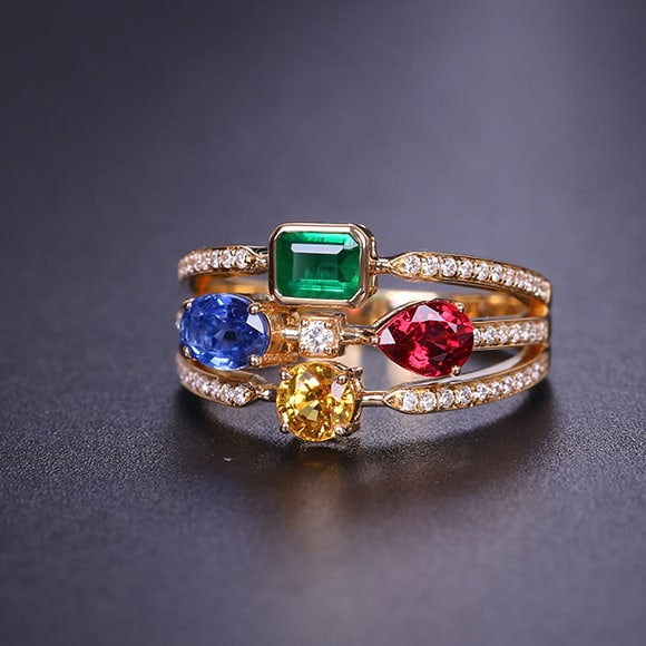 14k Gold 1.85 Ctw Natural Emerald & Sapphire & Spinel & Diamond Ring - 3