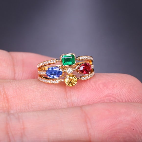 14k Gold 1.85 Ctw Natural Emerald & Sapphire & Spinel & Diamond Ring - 6