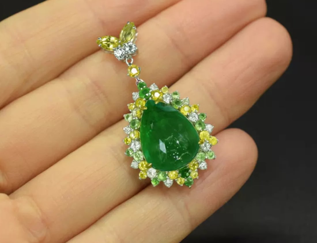 14k Gold 9.87 Ctw Vivid Green Natural Emerald & Sapphire Pendant( Without Chain ) - 3
