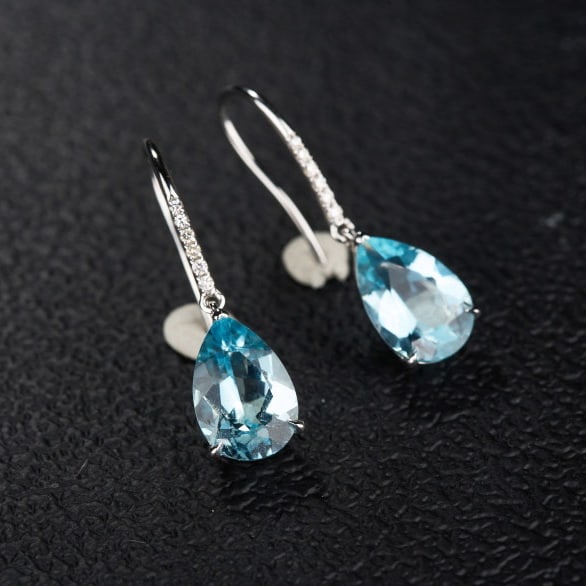14k Gold 3.06 Ct Natural Aquamarine & Diamond Earrings - 5