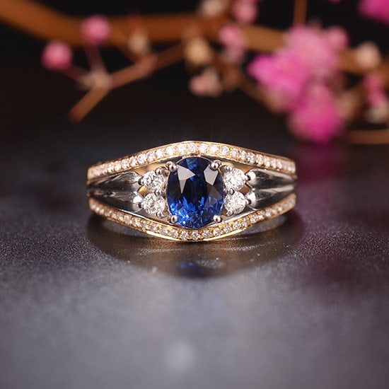 14k Gold 1.47 Ctw Natural Sapphire & Diamond Ring: Ref:231090260 // gold content:14k gold // ring size:7. 25us // // main gemstone:sapphire // shape:oval // carat weight:1. 19ct // color:blue // treatment:natural // // adjacent gemstone 2 :
