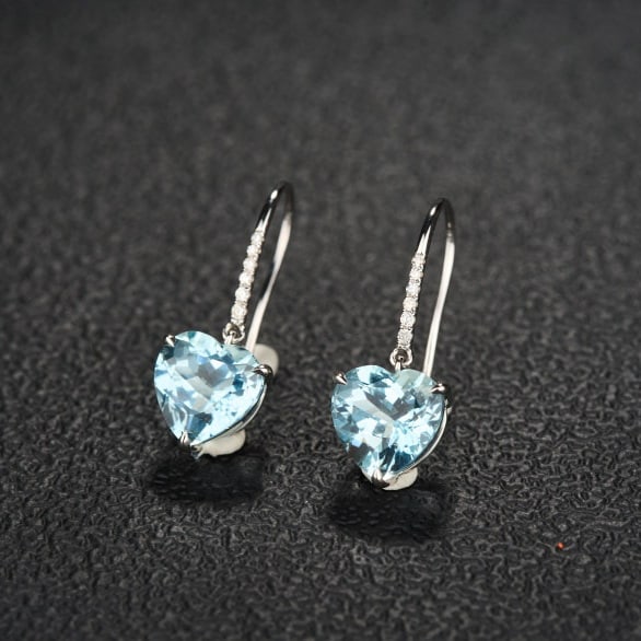 14k Gold 3.43 Ct Natural Aquamarine & Diamond Earrings - 2