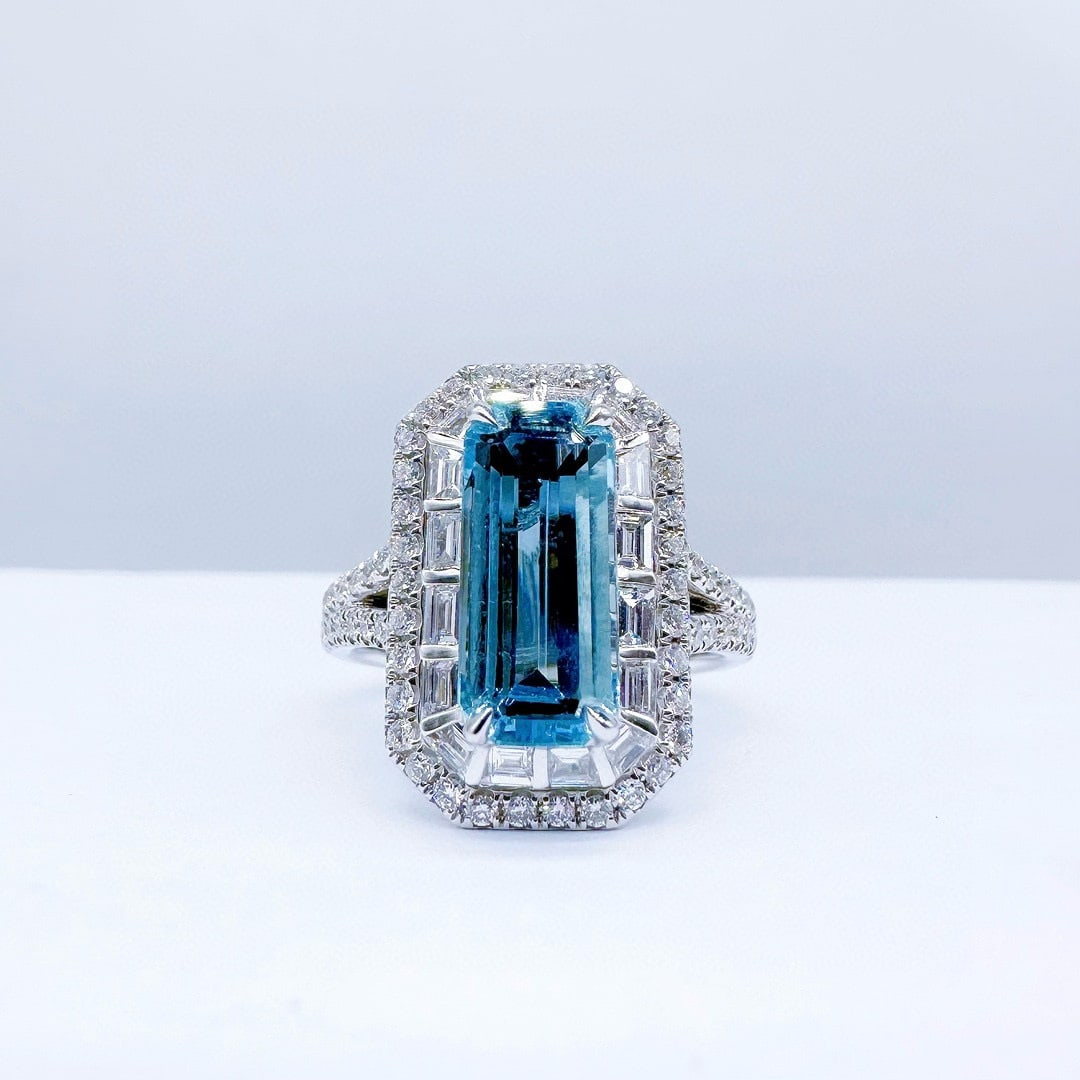14k Gold 3.55 Ctw Natural Aquamarine & Diamond Ring/pendant( Without Chain ): Ref:231090291 // gold content:14k gold // ring size:7. 25us // // main gemstone:aquamarine // shape:octagonal // carat weight:2. 49ct // color:santa maria color // treatment:natural // // adjacent