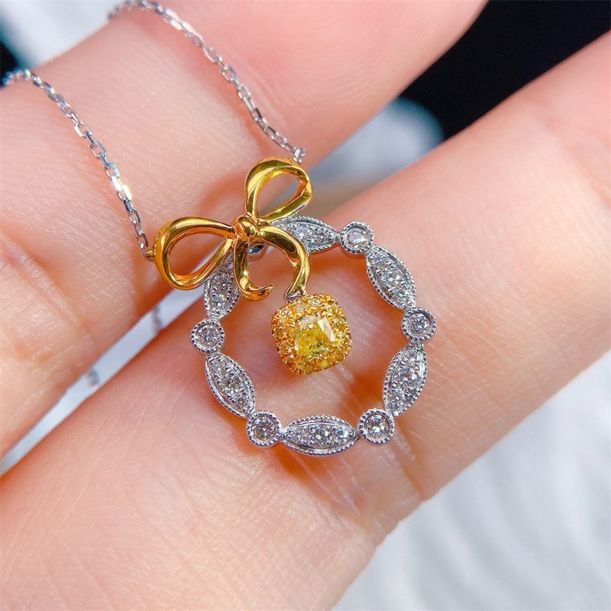 14k Gold 0.35 Ctw Natural Yellow Diamond & Diamond Necklace - 2