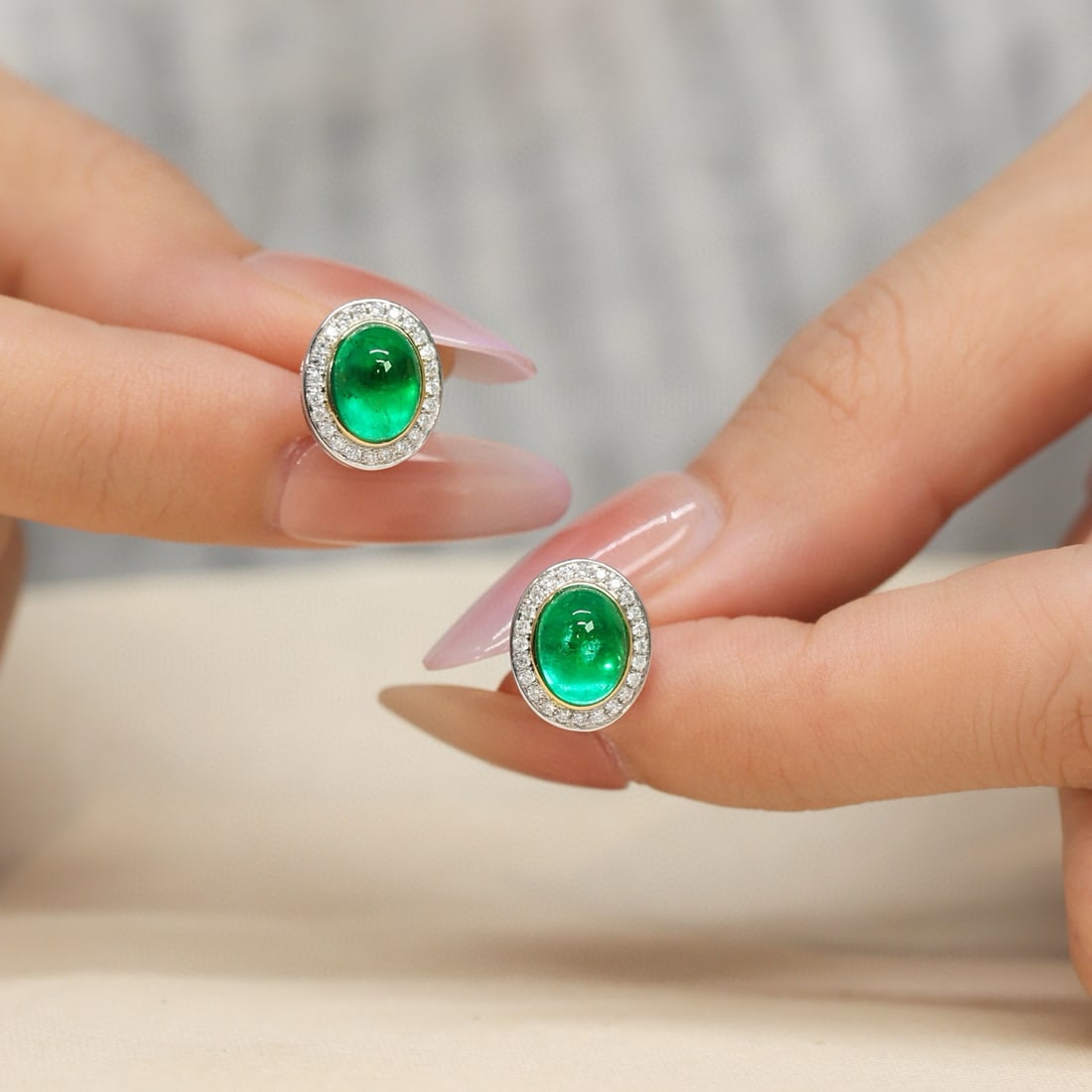 14k Gold 3.88 Ctw Vivid Green Natural Emerald & Diamond Earrings - 2