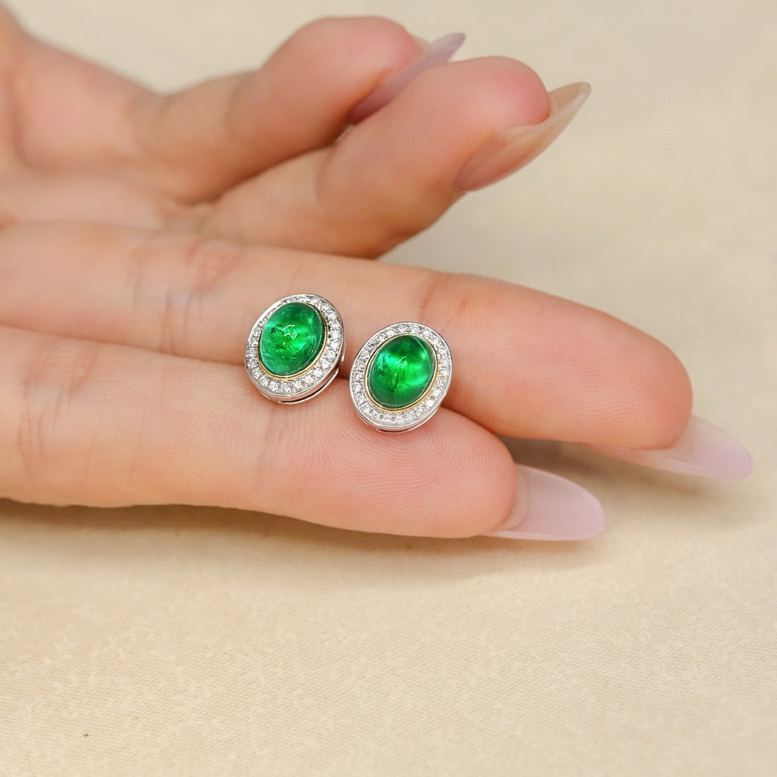 14k Gold 3.88 Ctw Vivid Green Natural Emerald & Diamond Earrings - 4