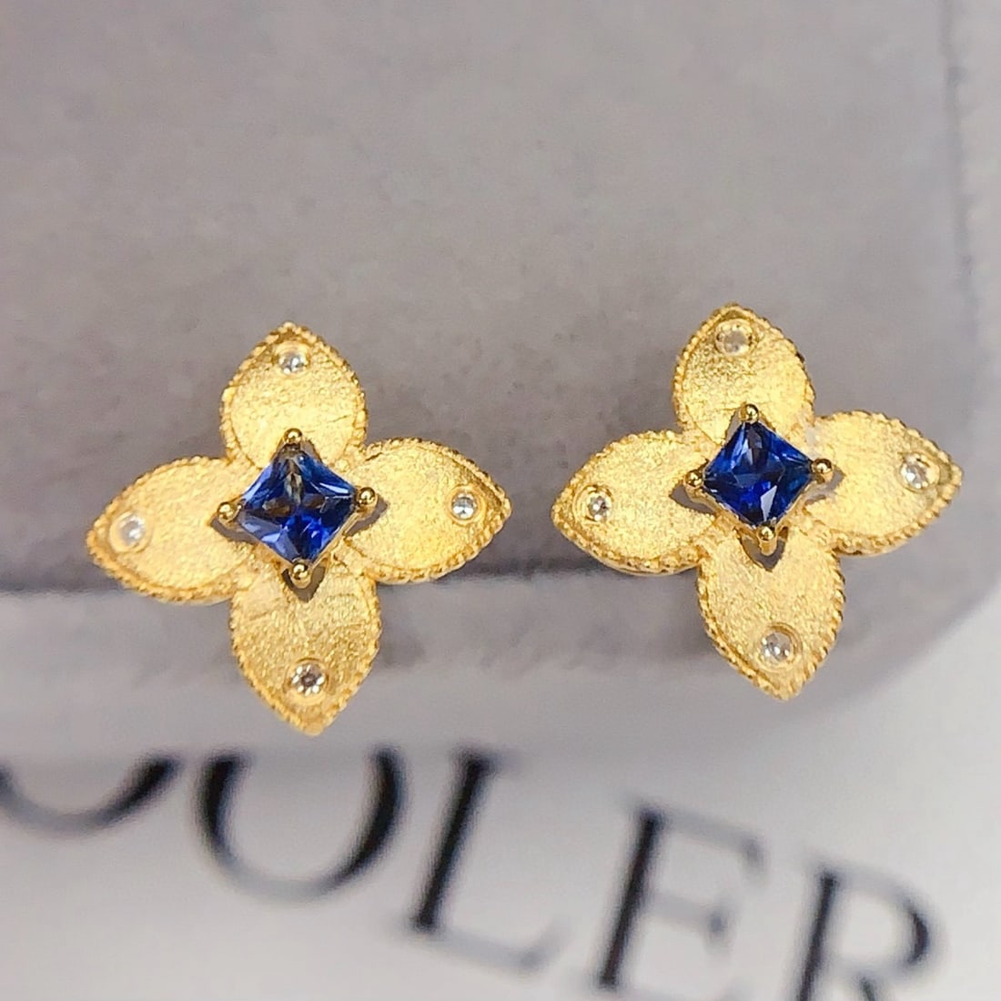 14k Gold 0.45 Ct Natural Sapphire & Diamond Earrings - 5