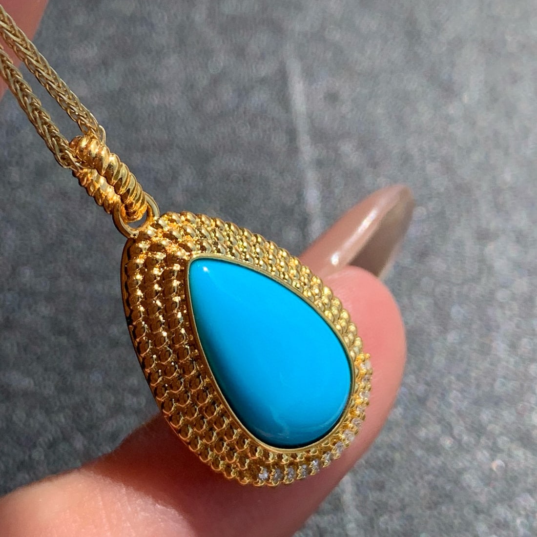 14k Gold 3.1 Ct Natural Blue Turquoise & Diamond Pendant( Without Chain ) - 2