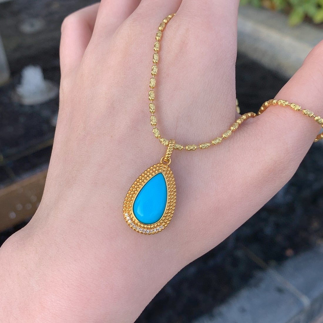 14k Gold 3.1 Ct Natural Blue Turquoise & Diamond Pendant( Without Chain ) - 6