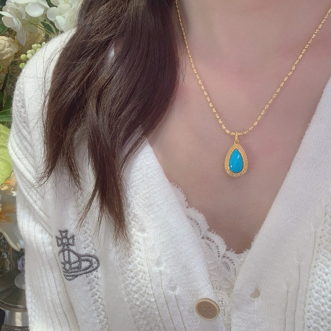 14k Gold 3.1 Ct Natural Blue Turquoise & Diamond Pendant( Without Chain ) - 8