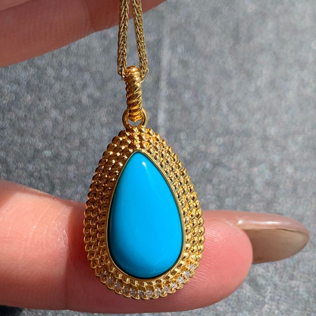 14k Gold 3.1 Ct Natural Blue Turquoise & Diamond Pendant( Without Chain ) - 9
