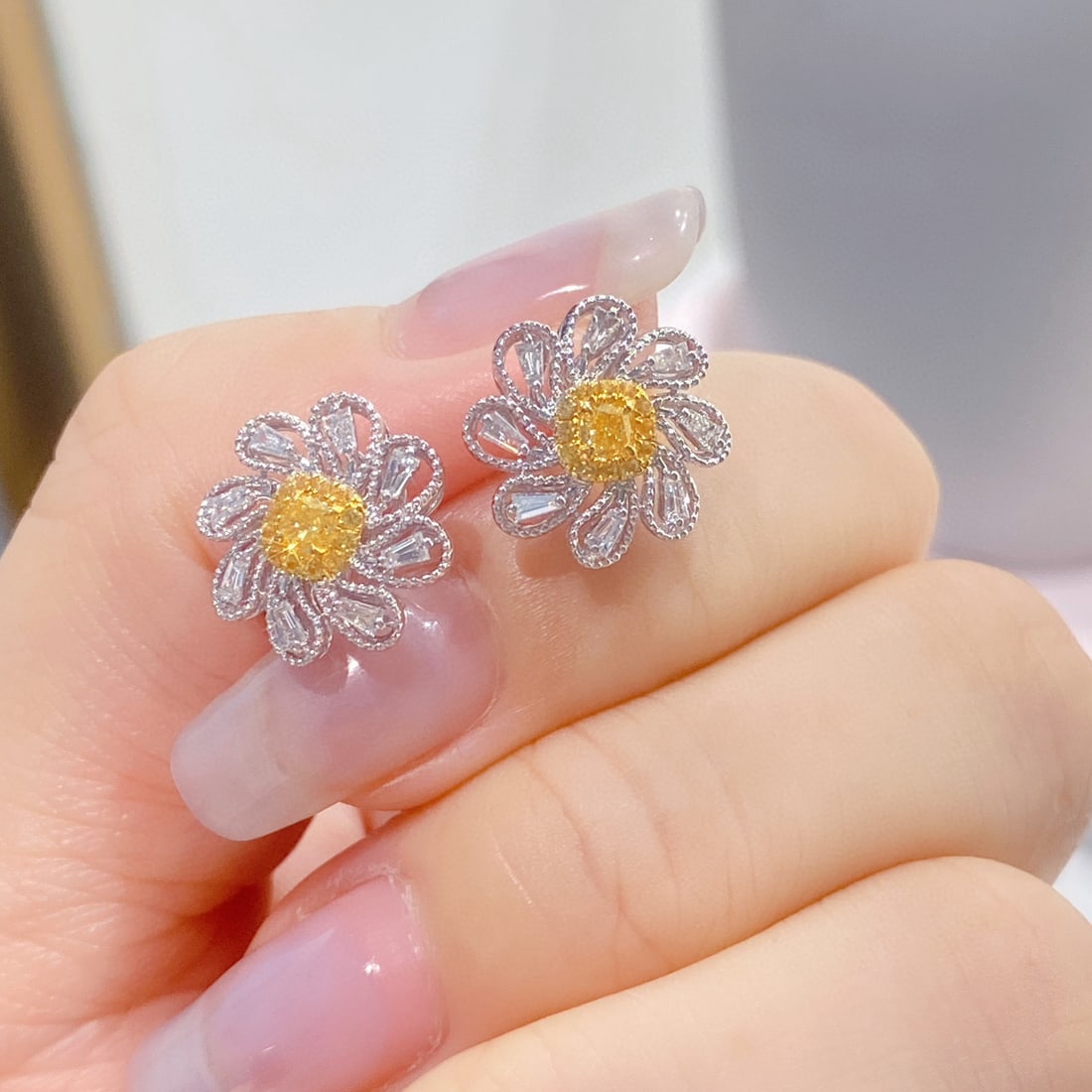 14k Gold 0.70 Ctw Natural Yellow Diamond & Diamond Earrings - 2