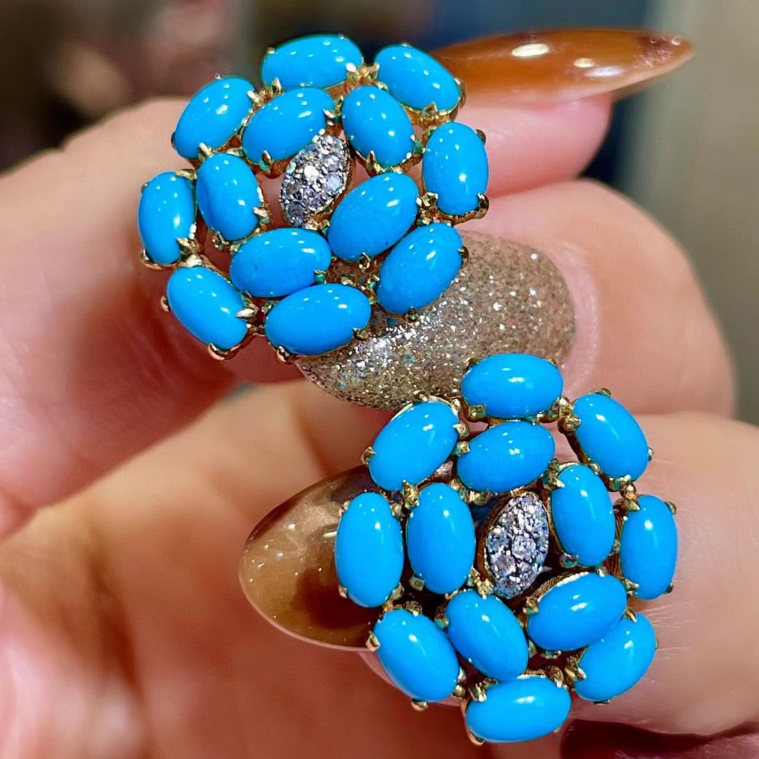 14k Gold 4.43 Ct Natural Blue Turquoise & Diamond Earrings - 2