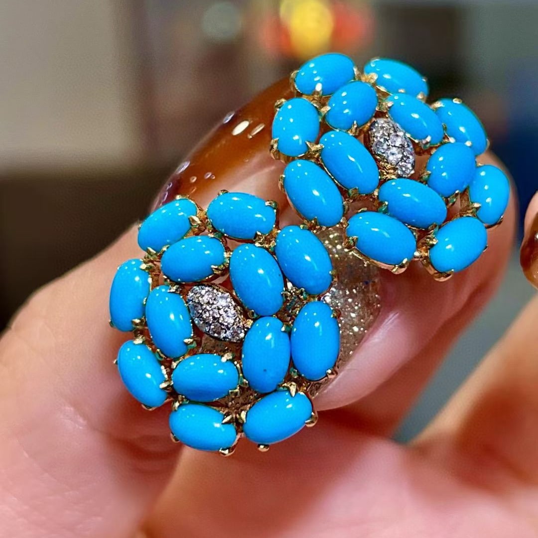 14k Gold 4.43 Ct Natural Blue Turquoise & Diamond Earrings - 3