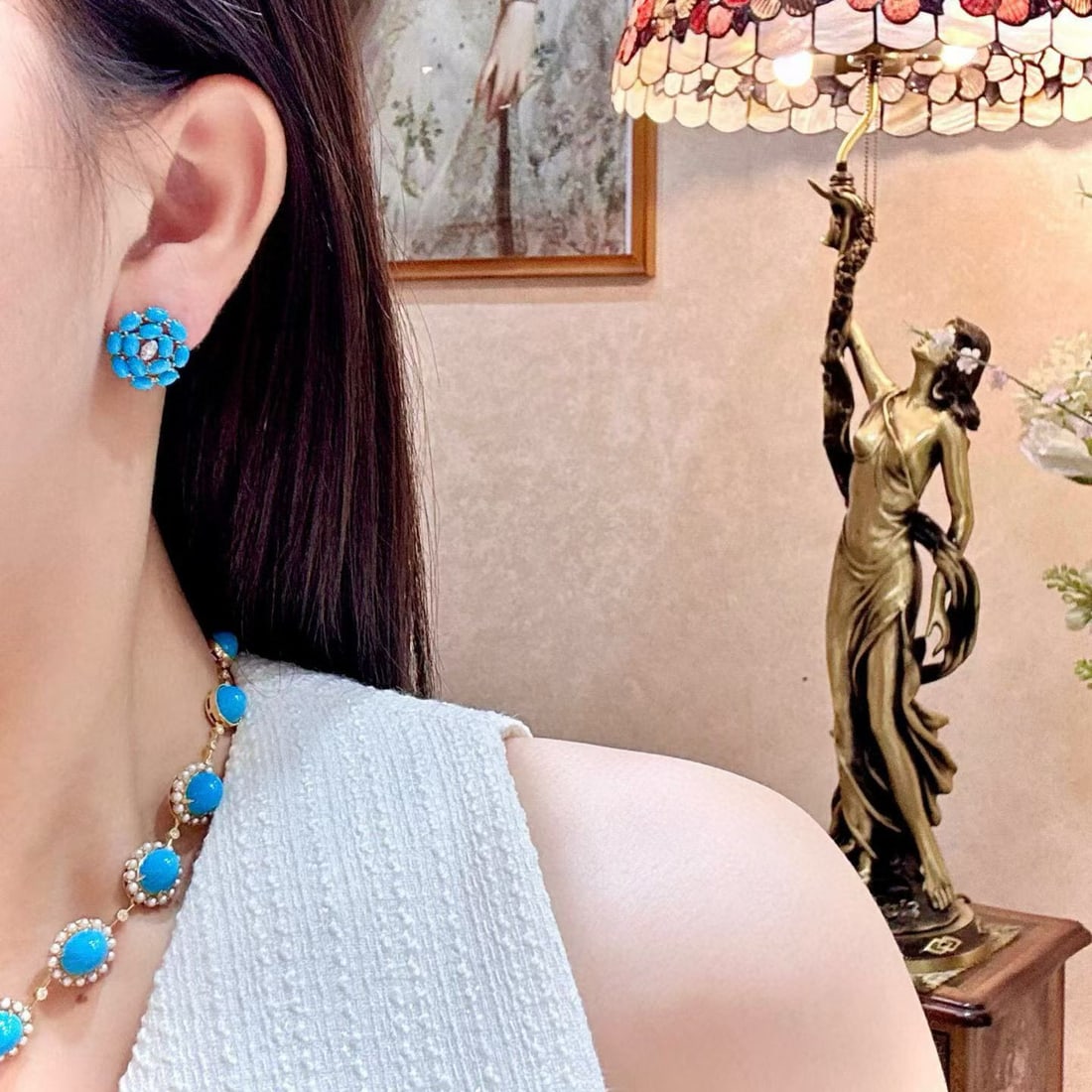 14k Gold 4.43 Ct Natural Blue Turquoise & Diamond Earrings - 4