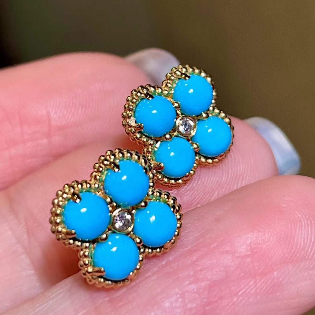 14k Gold 2.35 Ctw Natural Blue Turquoise & Diamond Earrings - 2